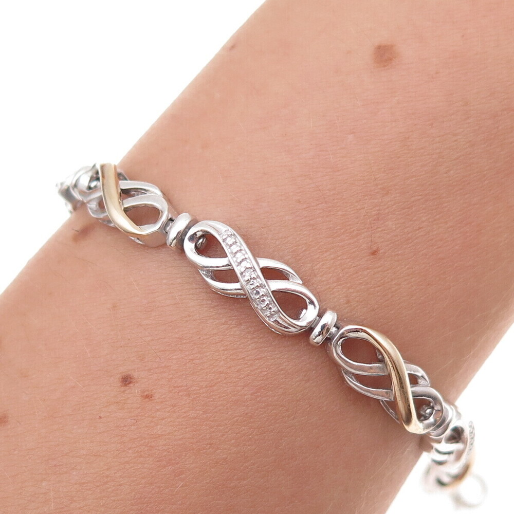925 Sterling Silver 2-Tone Real Diamond Infinity Link Bracelet 7.5"